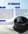 HVAC Blower Motor With Fan For Chevy Silverado 1500 2500 Suburban Avalanche GMC Sierra Yukon Cadillac Escalade Fits 2003 2004 2005 2006 Models Replaces 700191 Durable OEM Replacement Part shown with model compatibility list