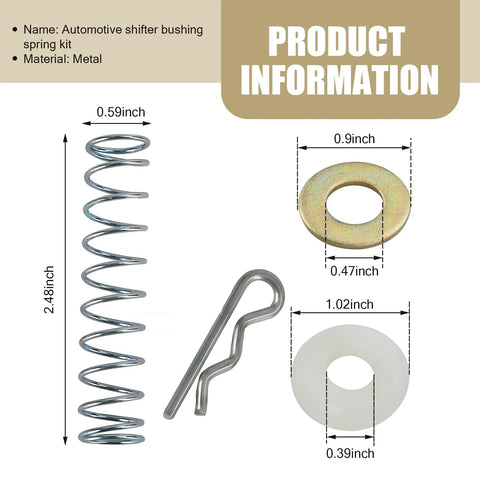 Transmission Shift Rod Linkage Repair Kit for 67 to 88 Chevrolet Models, includes spring, pin clip, bushing, washer, silver finish.