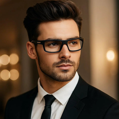 Man wearing black square eyeglasses with a formal black suit and tie, in a softly lit indoor setting.