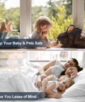 Child and rabbit by window with security bar; family sleeping safely with Adjustable Sliding Door Security Bar 18-50 Inches Locking Window And Patio Door Reinforcement, Heavy Duty 8mm Stainless Steel 1.18 Inch Diameter, Childproof Burglar Bar For Windows, Kitchen, Balcony Sliders, Apartments In White.