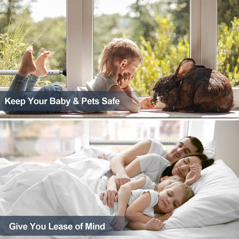 Child and rabbit by window with security bar; family sleeping safely with Adjustable Sliding Door Security Bar 18-50 Inches Locking Window And Patio Door Reinforcement, Heavy Duty 8mm Stainless Steel 1.18 Inch Diameter, Childproof Burglar Bar For Windows, Kitchen, Balcony Sliders, Apartments In White.