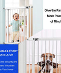 White safety gate with lock, securing baby and dog, featuring Slide Bolt Gate Latch with Padlock Hole, Heavy Duty Fence Slide Latches.