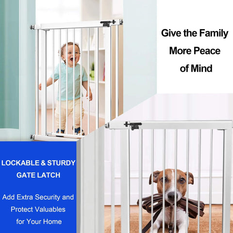 White safety gate with lock, securing baby and dog, featuring Slide Bolt Gate Latch with Padlock Hole, Heavy Duty Fence Slide Latches.