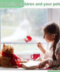 Sliding Door Security Bar, 17-50 inch Adjustable, installed on window with child and cat, rubber tips, home safety.