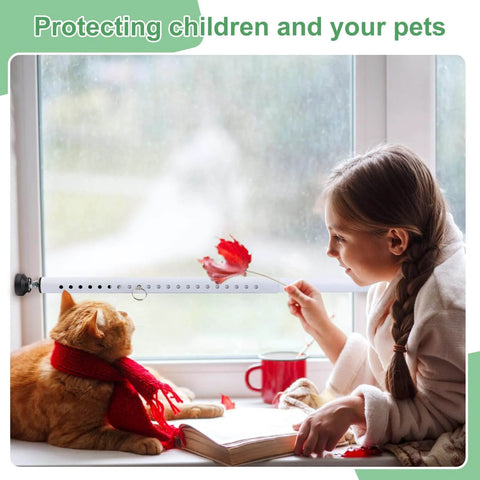 Sliding Door Security Bar, 17-50 inch Adjustable, installed on window with child and cat, rubber tips, home safety.