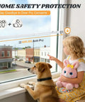 Child and dog by window with Heavy Duty Adjustable Sliding Door Security Bar For Home And Travel Anti Pry Door Stopper