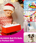 Child opening box of Ball Pit Balls 100 PCS, Star Shapes for Babies Kids Playpen Plastic Balls, beige white clear, with smiling children and puppy
