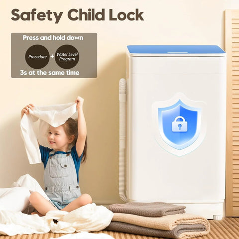 Child sitting near Portable Washer And Dryer Combo For Small Spaces With One Point Eight Cu Ft Capacity Including 18 Lb Wash Load And 12 Lb Dry Load Ideal For Apartments Dorms RVs And Tiny Homes All In One Compact Laundry Solution With Wash Cycles And Efficient Drying, demonstrating safety child lock feature.