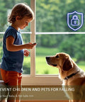 Child and dog beside window secured with adjustable sliding door lock bar with rubber tips for enhanced security.