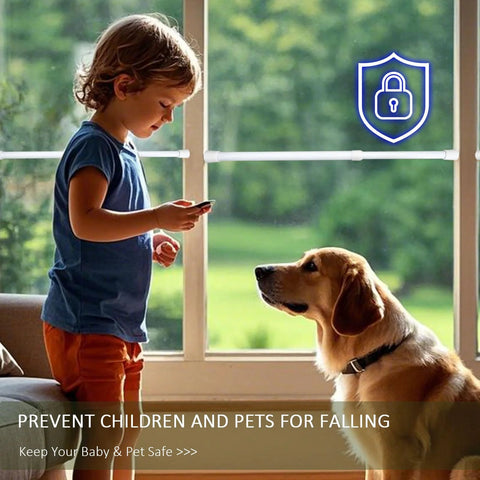 Child and dog beside window secured with adjustable sliding door lock bar with rubber tips for enhanced security.