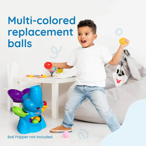 Child playing with vibrant set of 5 multi-colored replacement balls for ball popper toys; includes Playskool compatible balls.