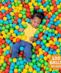 Child playing in colorful Play Balls 100ct | for Indoor Play, Ball Pit, Bouncers, with 100 balls included
