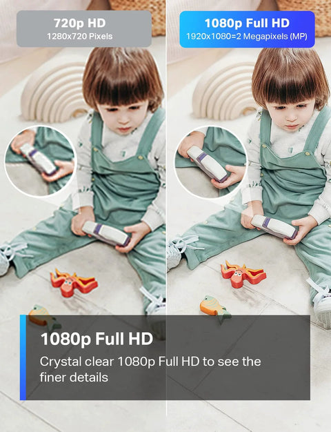Comparison of 720p vs. 1080p indoor security camera footage showing a child playing, highlighting clarity for baby monitoring.