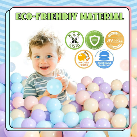 Smiling child playing with 5 Mixed Colors Macaron Ocean Ball (Ship from USA) for Babies Kids Children Soft Plastic Birthday Parties Events Playground Games Pool - 100 Balls.