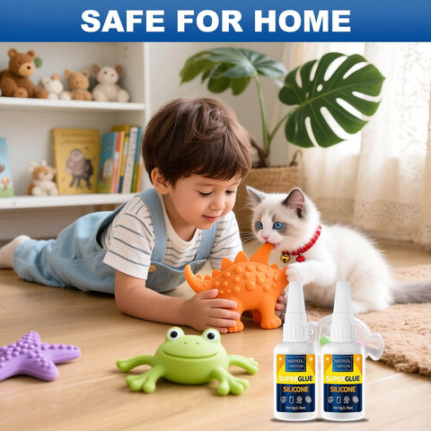Child and cat playing with toys near Fast Bonding Top Notch Clear Silicone Glue For Silicone Rubber And TPU TPE TPR Crafts with nozzles.