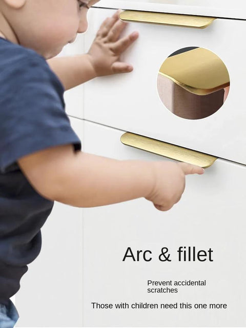 Child near cabinets with long concealed drawer edge tab pulls, modern aluminum cabinet hardware, ideal for kitchen cabinets black.