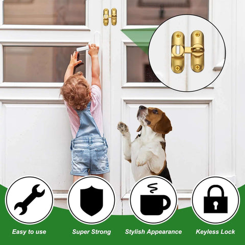 Child and dog reaching a door with a secure flip latch installed, inset shows close-up of gold flip latch, promoting safety features.