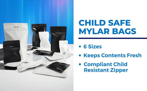 Assorted black and white mylar bags with child-safe label, multiple sizes shown, promoting 1000 Count All Black Mylar Bags, 6.7 By 4 Inches.