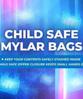 Promotional image of 1000 Count All Black Mylar Bags, highlighting child-safe zipper closure on a blue and pink background.