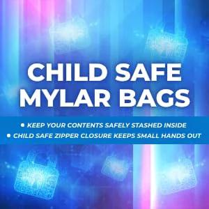 Promotional image of 1000 Count All Black Mylar Bags, highlighting child-safe zipper closure on a blue and pink background.