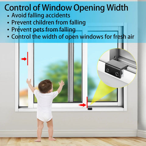 Child standing near window with 4 Pack Sliding Window Locks With Key For Vertical And Horizontal Sliding Windows And Doors Easy To Install Adjustable Security Window Locks For Patio Bedroom Home And Office Black installed, showing lock usage.