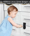 Child near cabinet with Three Pack 4 Inch Password Rotary Hasp Locks For Doors Cabinets Barn Doors And Outdoor Use Mechanical Combination Slide Latch Lock Sturdy Zinc Alloy Construction With Screw Or Glue Mount installed.