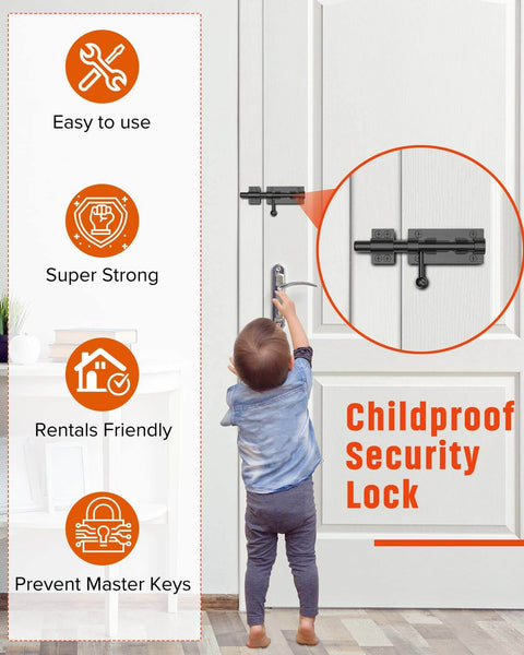 Child reaching for a securely latch gates with a heavy duty slide bolt gate latch in 304 stainless steel with a durable black electroplating finish.