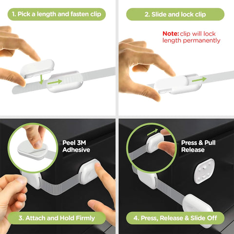 Eight Pack Child Safety Locks use 3M Adhesive, no screws, installation and use on cabinets, drawers, ovens, and toilet seats