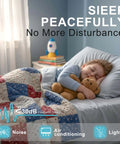 Child sleeping peacefully with a teddy bear in a bed, surrounded by noise, air conditioning, and light icons, promoting a quiet environment.