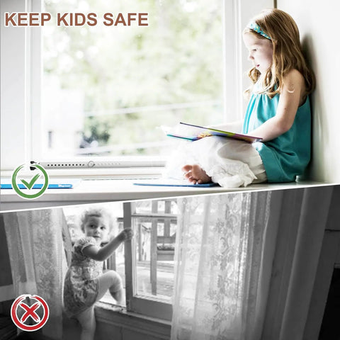 Child sitting safely by a window secured with Sliding Door Security Bar, 17-50 inch Adjustable Patio Door Security bar with Rubber Tips.