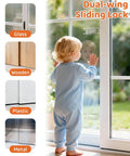 Child near sliding glass door with 4 Pack Window Locks For Baby Proofing Clear Sliding Glass Door Locks installed.