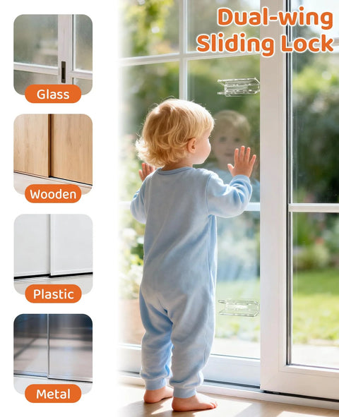 Child near sliding glass door with 4 Pack Window Locks For Baby Proofing Clear Sliding Glass Door Locks installed.