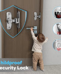 Childproof security lock on door with toddler reaching handle, highlighting safety features and metal latch design.