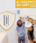 Childproof security lock on door showing Two Pack Home Security Door Lock Reinforcement for inward swinging doors with 3 inch stop and 800 lb withstand durable and easy install upgrade flip night lock for enhanced family safety and peace of mind.