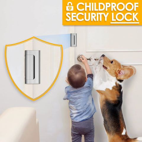 Childproof security lock on door showing Two Pack Home Security Door Lock Reinforcement for inward swinging doors with 3 inch stop and 800 lb withstand durable and easy install upgrade flip night lock for enhanced family safety and peace of mind.