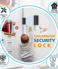 Child reaching for door with childproof security lock installed in home setting.
