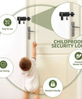 Child reaching for 4 Inch Sliding Door Lock, SUS304 Stainless Steel Padlock-Style Gate Latch on door; highlighted features include easy to use and super strong.