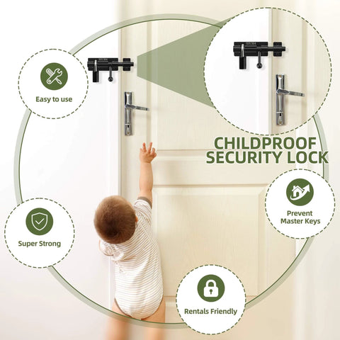 Child reaching for 4 Inch Sliding Door Lock, SUS304 Stainless Steel Padlock-Style Gate Latch on door; highlighted features include easy to use and super strong.