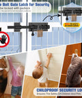 Collage showing a rugged 7.7 inch sliding bolt latch in 304 stainless steel for doors, with children and pets for childproof security.
