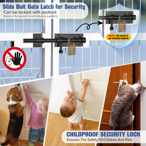 Collage showing a rugged 7.7 inch sliding bolt latch in 304 stainless steel for doors, with children and pets for childproof security.