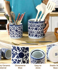 2 Pcs Blue and White Kitchen Utensil Holder 5"+6.1" Ceramic Kitchen Cooking Holder with utensils for Countertop