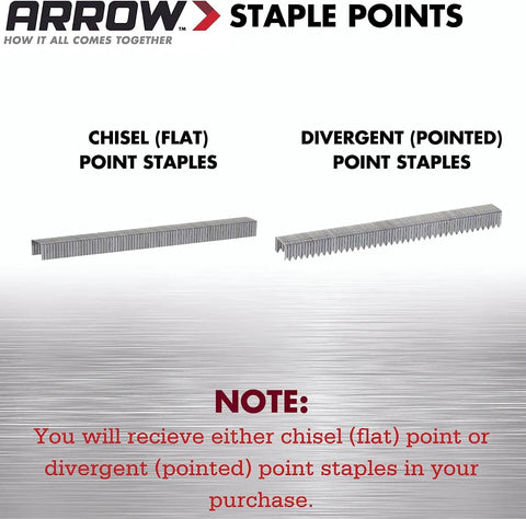 Comparison of chisel (flat) and divergent (pointed) staple points with note about receiving either in purchase.
