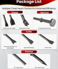 Image showing the contents of the 9-Piece Air Hammer Chisel Bit Set, including chisels, hammer, cutter, and punches for masonry and metalwork.