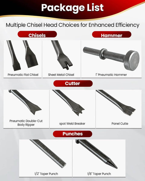 Image showing the contents of the 9-Piece Air Hammer Chisel Bit Set, including chisels, hammer, cutter, and punches for masonry and metalwork.