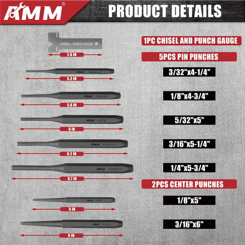 16 Piece Punch And Chisel Set With Taper Punches Cold Chisels Pin Punches And Center Punch In Cr V Steel details and measurements