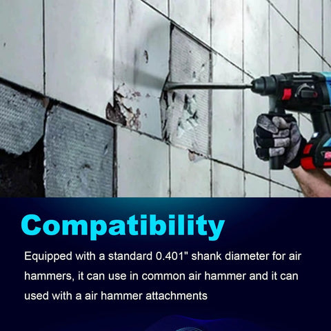 Person using Beefy Pneumatic Cold Chisel Set 18 Inch Long With Flat And Point Chisels Air Hammer Spring Included for concrete tile removal
