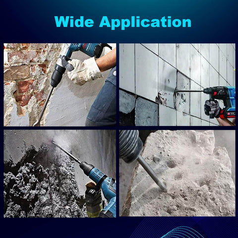 Beefy Pneumatic Cold Chisel Set 18 Inch Long in action on masonry, tile, concrete, showing versatile usage with air hammer.