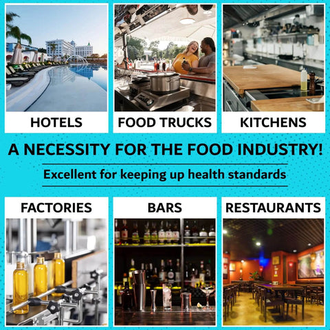 Images of hotels, food trucks, kitchens, factories, bars, and restaurants emphasizing necessity of Chlorine Test Strips for Restaurants and Food Services.