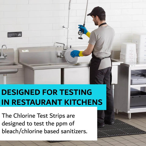 Worker using Chlorine Test Strips for Restaurants and Food Services at a commercial kitchen sink, emphasizing sanitizer testing