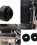 Chlorobutyl Rubber Feet For Vibration Damping 12 Pack Quiet Anti Vibration Pads For Electric Motors And Refrigeration Compressors Easy Neck Clamp And Bolt Perforation Installation shown in use on equipment and standalone close-up.